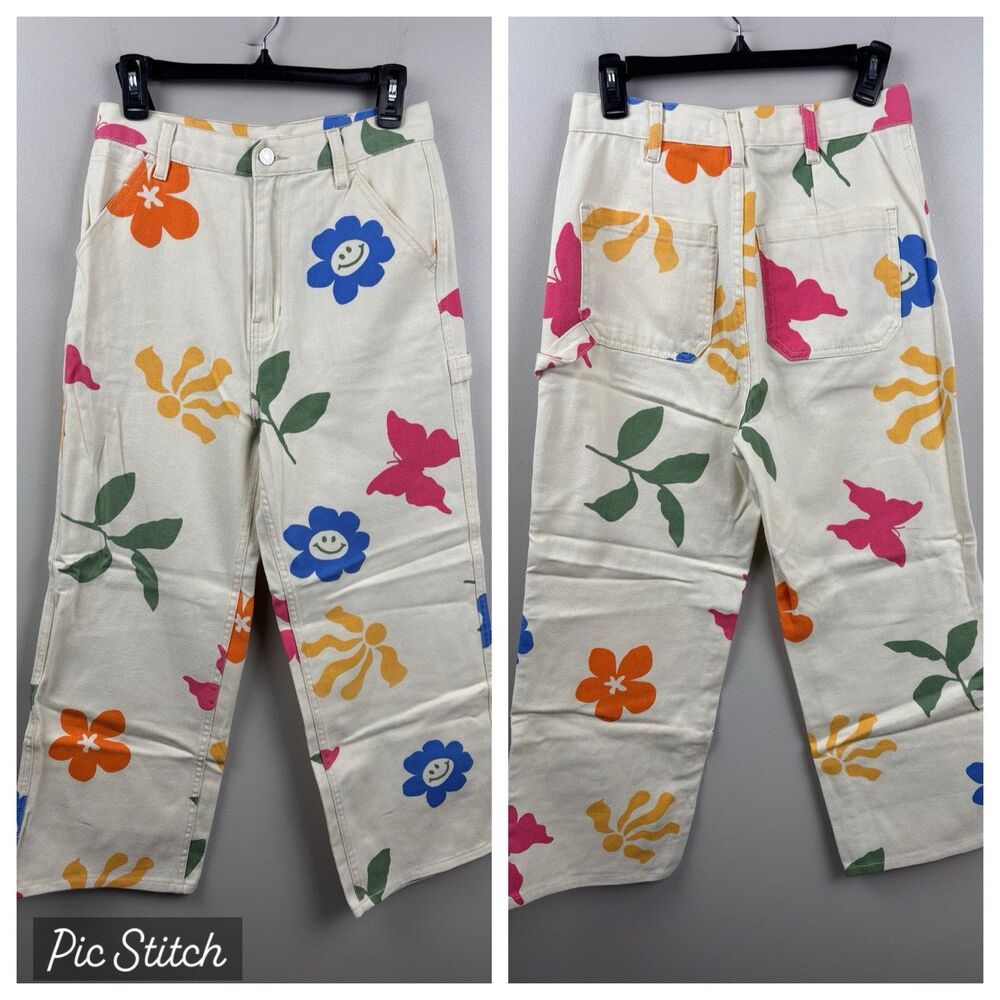 PacSun Pants Women 29 Ultra High Rise Flare Carpenter Wide Leg Cream Butterfly